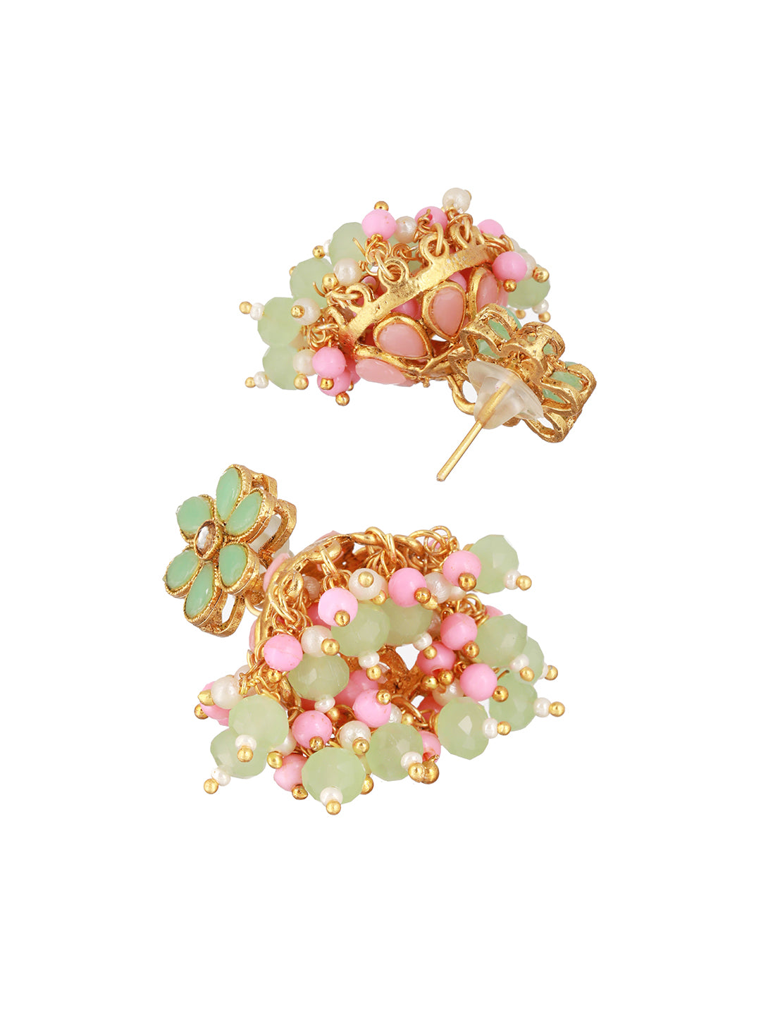 Studded Green & Pink Floral Block Beaded Gold-Plated Jewellery Set