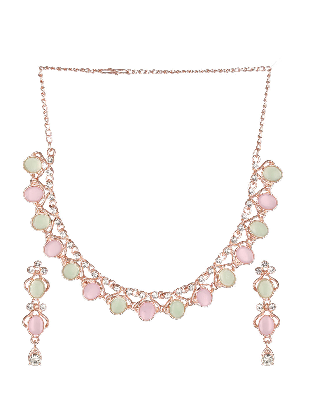 Pastel-Toned AD Oval Pattern Rose Gold-Plated Jewellery Set