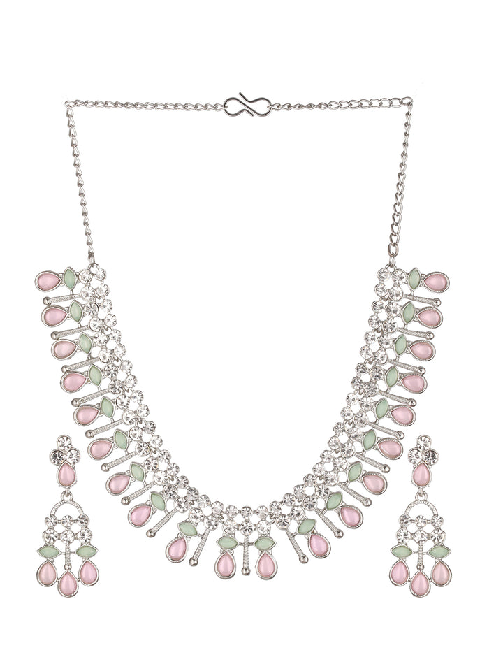 Pastel-Toned Round Leaf Pattern AD Silver-Plated Jewellery Set