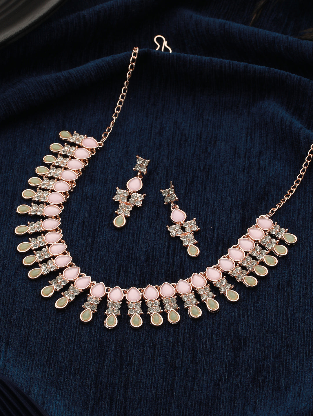 Pink Pastel-Toned Floral Leaf AD Rose Gold-Plated Jewellery Set