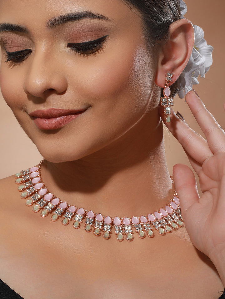 Pink Pastel-Toned Floral Leaf AD Rose Gold-Plated Jewellery Set