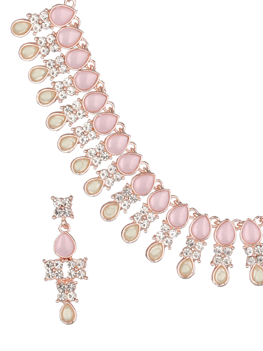 Pink Pastel-Toned Floral Leaf AD Rose Gold-Plated Jewellery Set