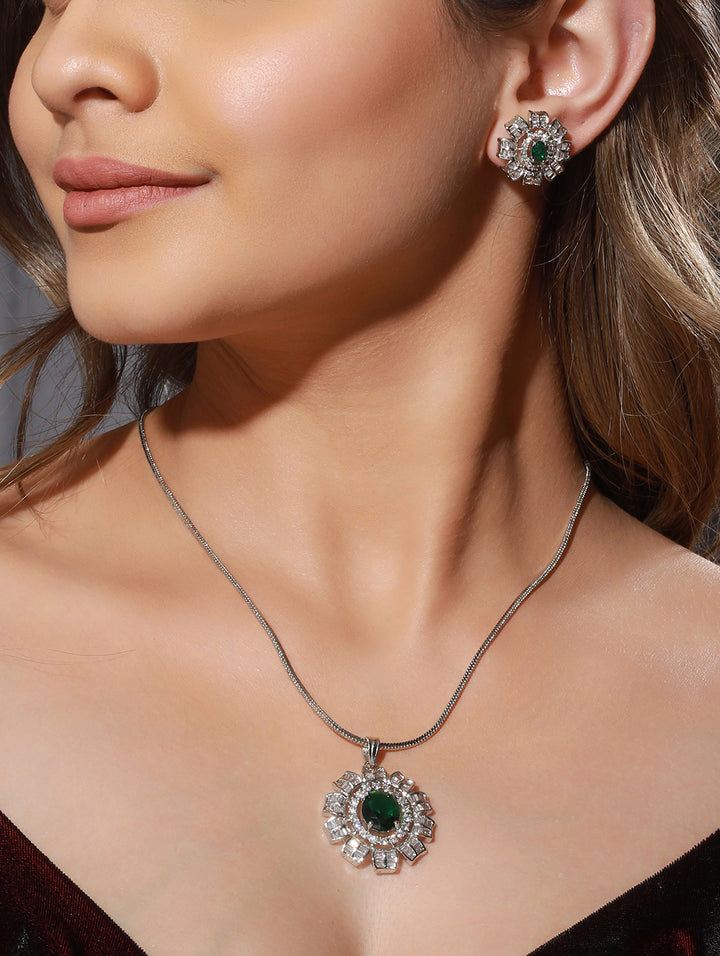 Green Floral American Diamond Silver-Plated Jewellery Set