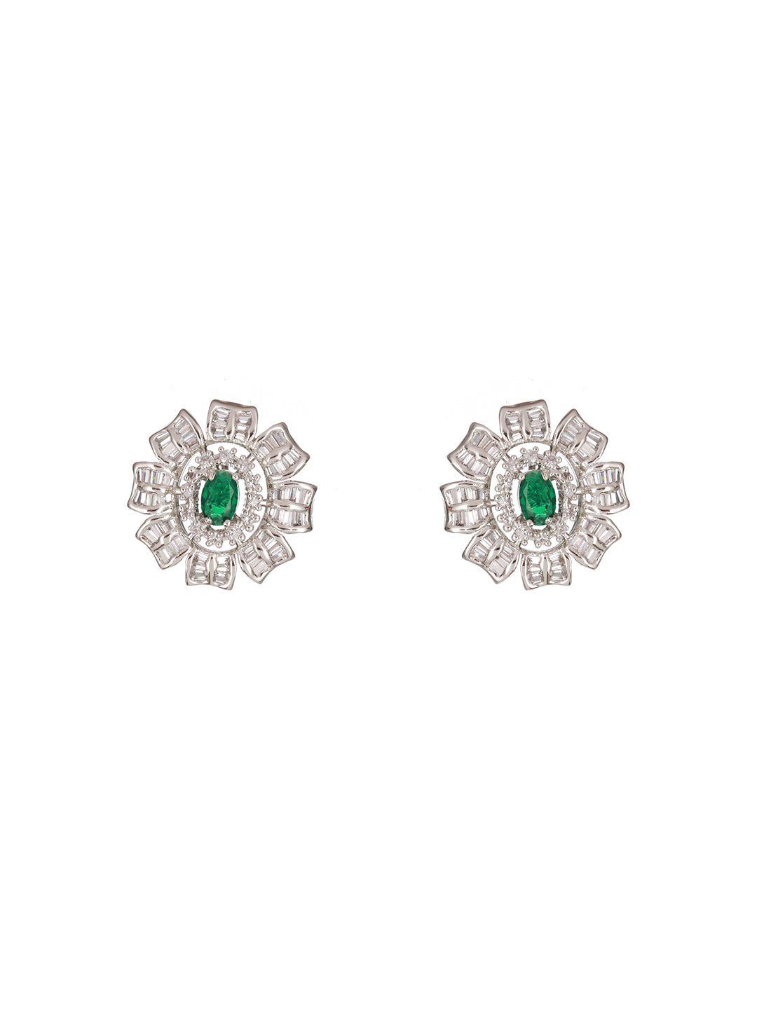 Green Floral American Diamond Silver-Plated Jewellery Set