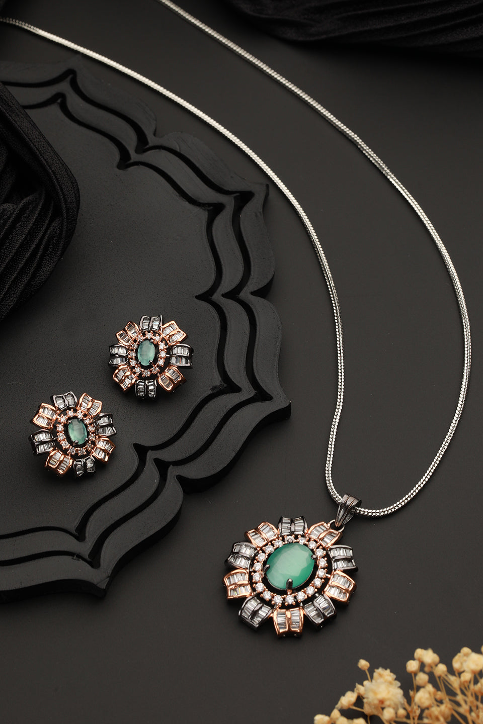 Mint Green Floral Dual-Toned Rose Gold Silver-Plated Jewellery Set