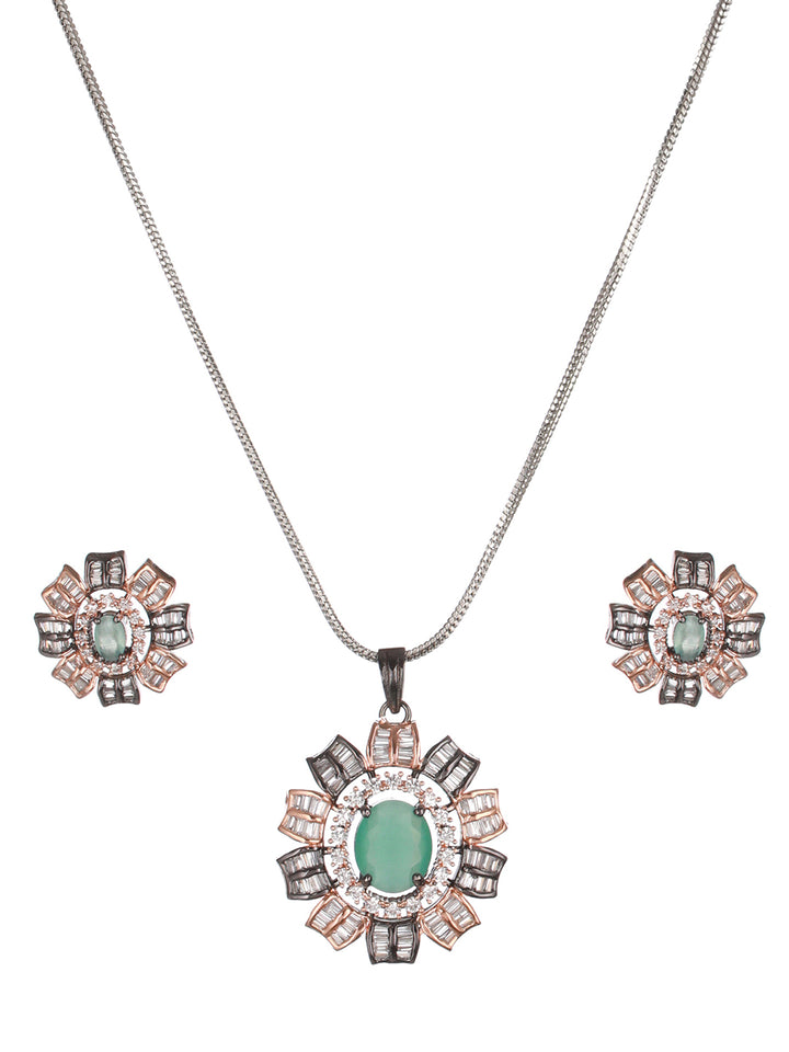 Mint Green Floral Dual-Toned Rose Gold Silver-Plated Jewellery Set