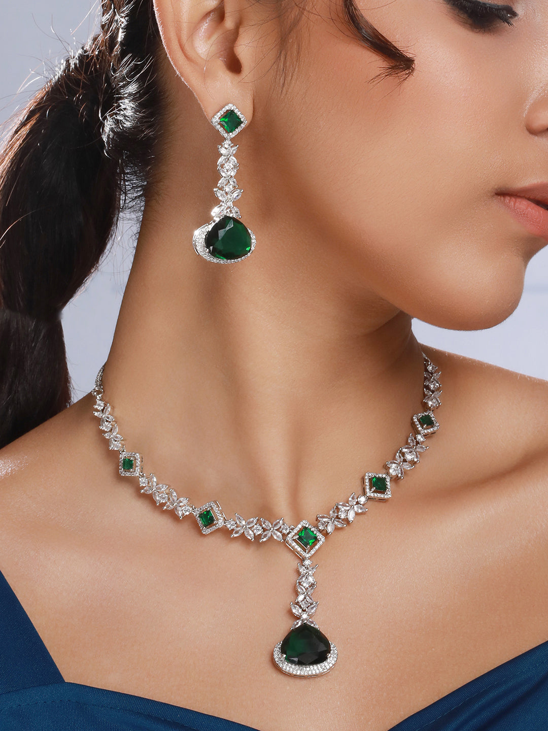 Green Floral Drop AD Silver-Plated Jewellery Set