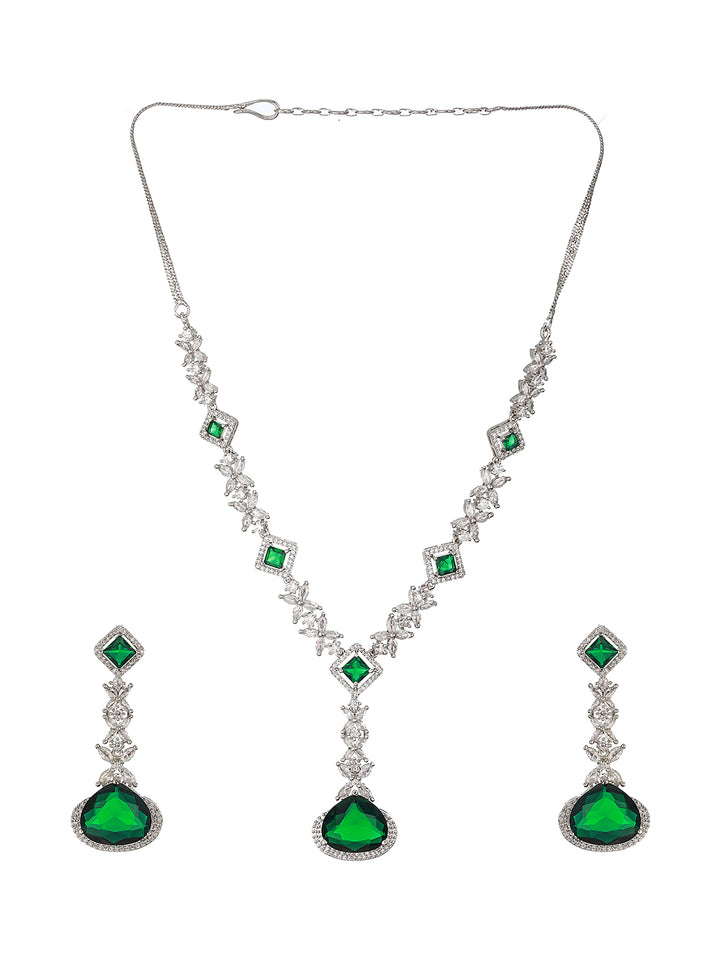 Green Floral Drop AD Silver-Plated Jewellery Set