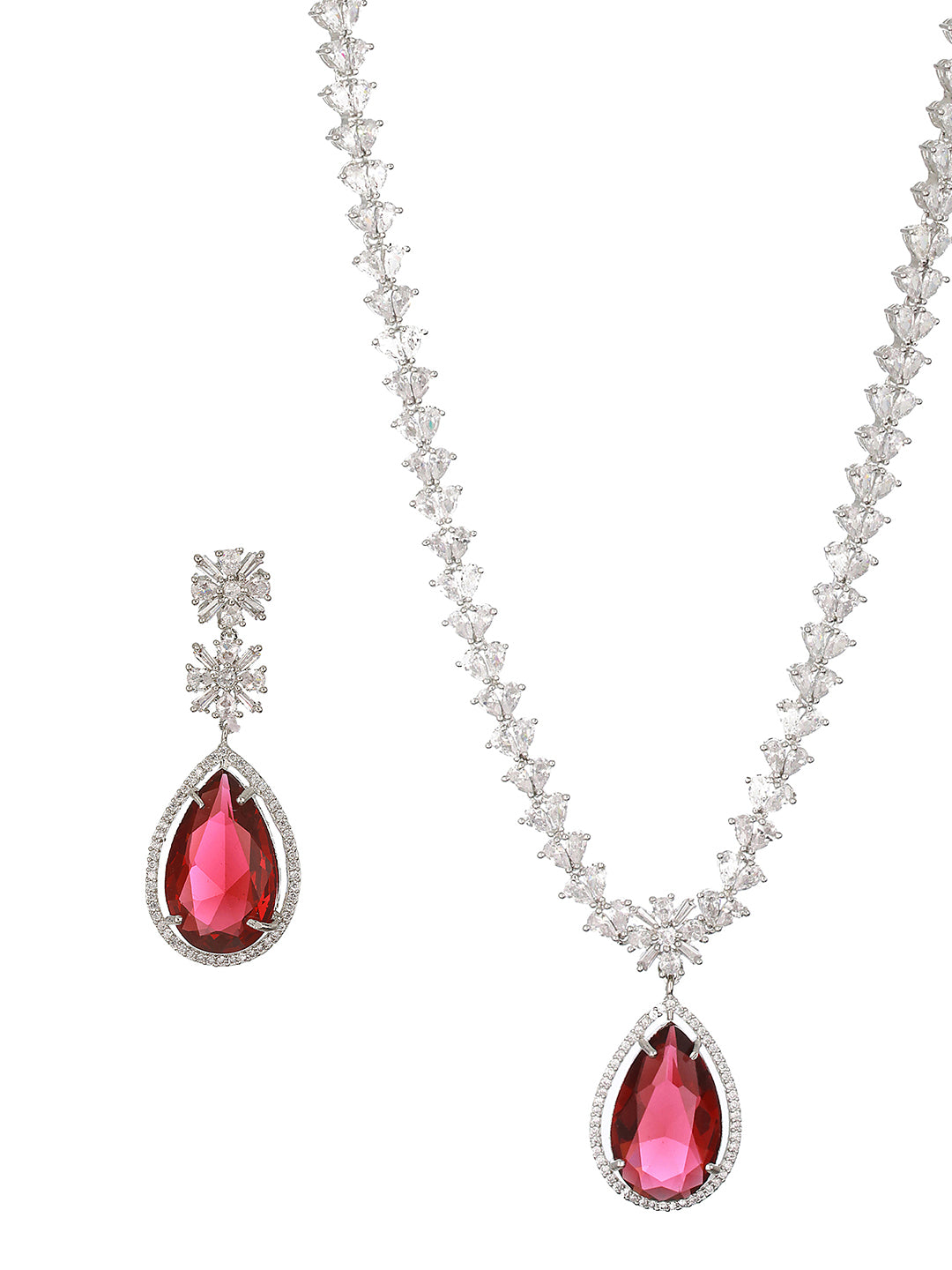 Red Teardrop Leaf American Diamond Silver-Plated Jewellery Set
