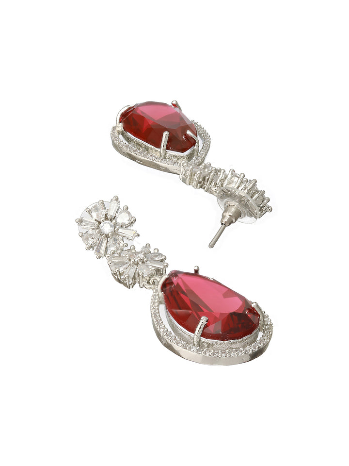 Red Teardrop Leaf American Diamond Silver-Plated Jewellery Set