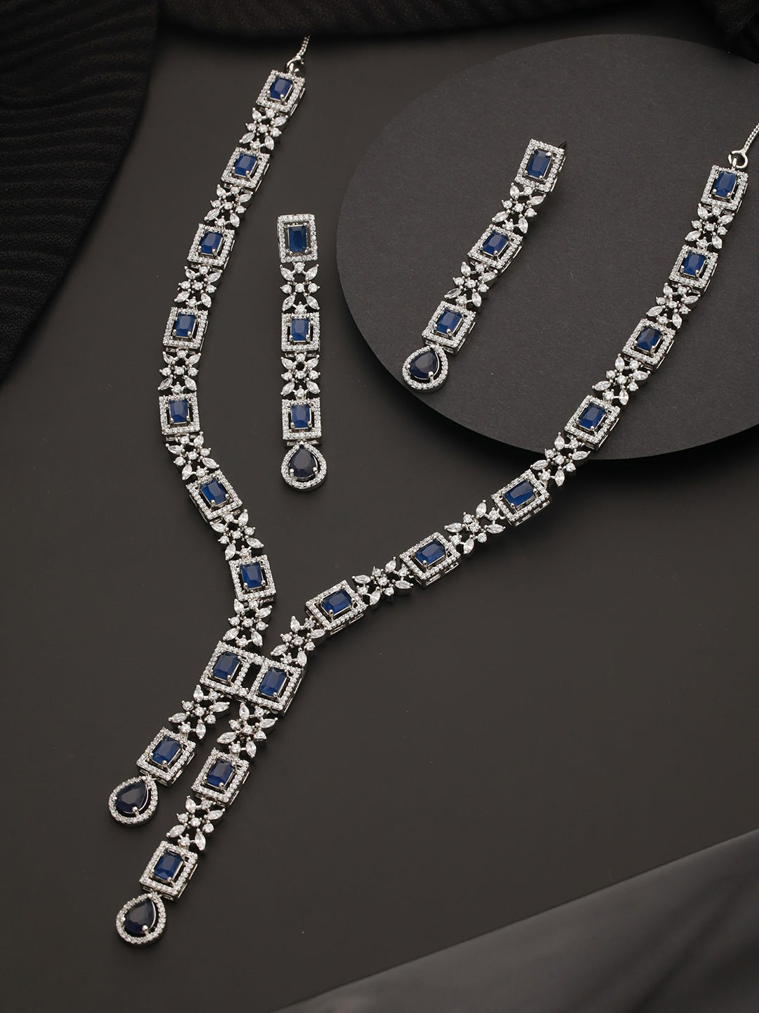 Blue Floral Block Drop American Diamond Silver-Plated Jewellery Set