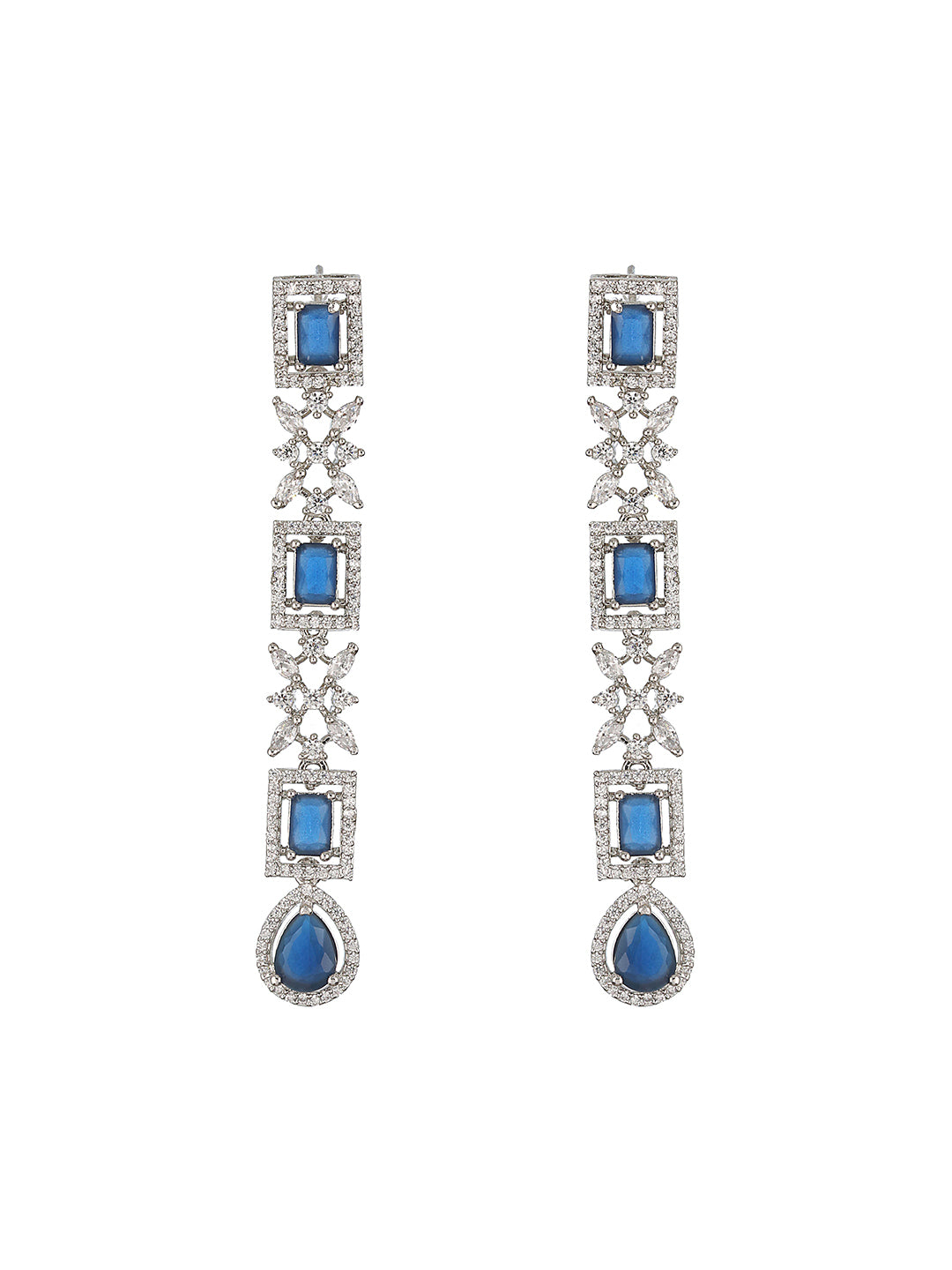 Blue Floral Block Drop American Diamond Silver-Plated Jewellery Set