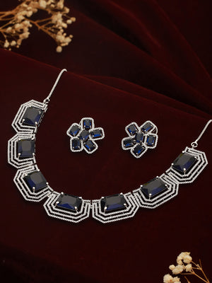 Blue Block Flower American Diamond Silver-Plated Jewellery Set