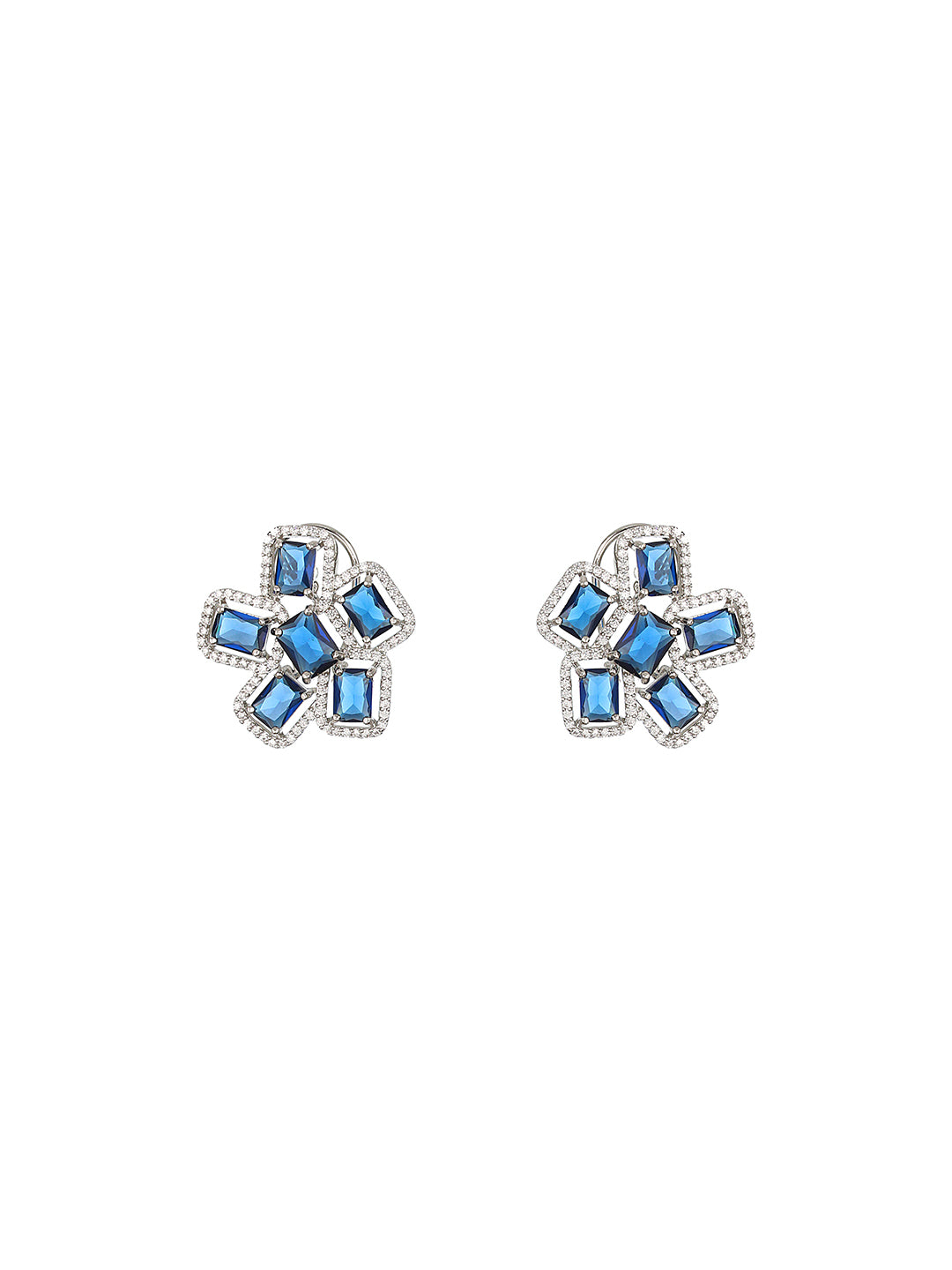 Blue Block Flower American Diamond Silver-Plated Jewellery Set