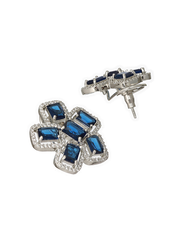 Blue Block Flower American Diamond Silver-Plated Jewellery Set