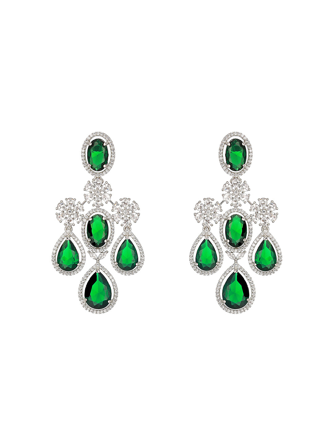 Emerald Floral Drops American Diamond Silver-Plated Jewellery Set