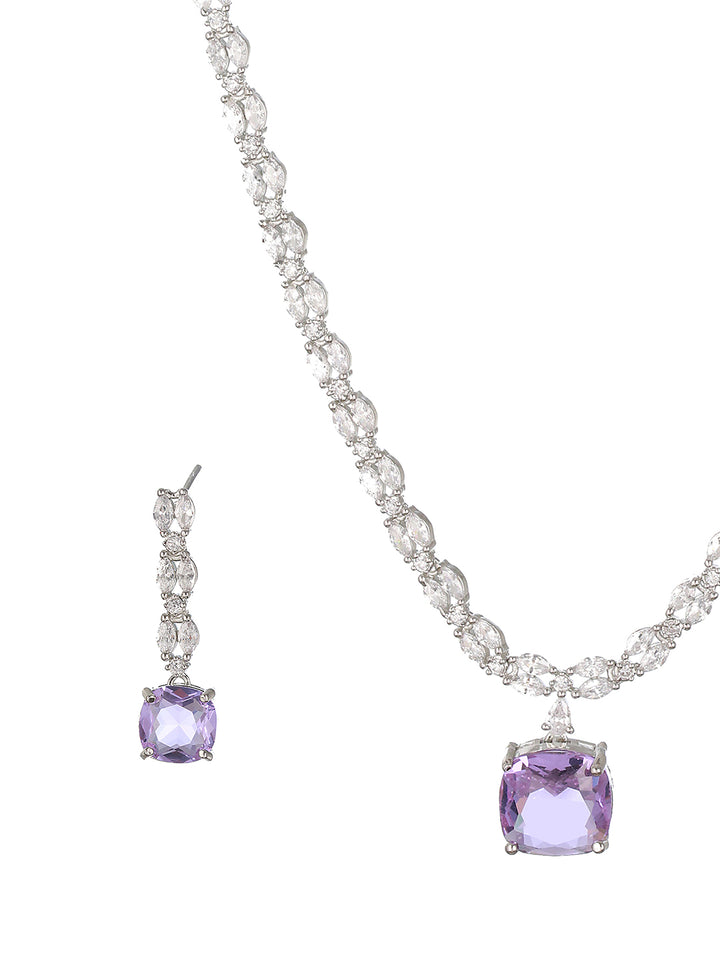Purple Block Leaves American Diamond Silver-Plated Jewellery Set