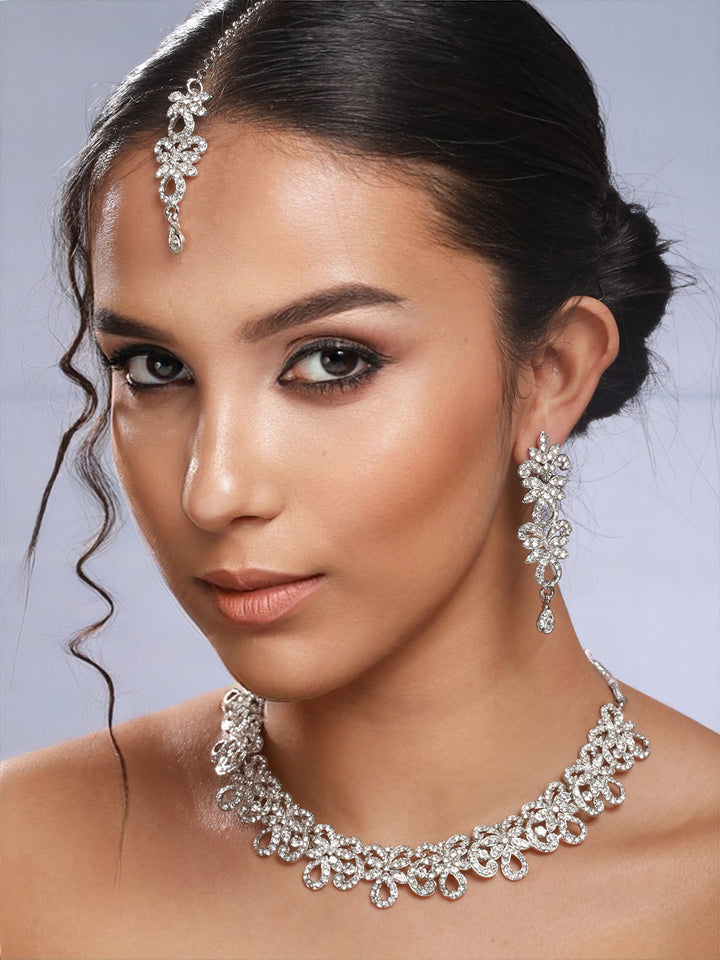 Priyaasi White Stone Floral Drop Silver-Plated Jewellery Set