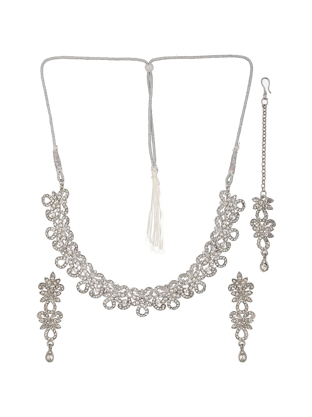 Priyaasi White Stone Floral Drop Silver-Plated Jewellery Set