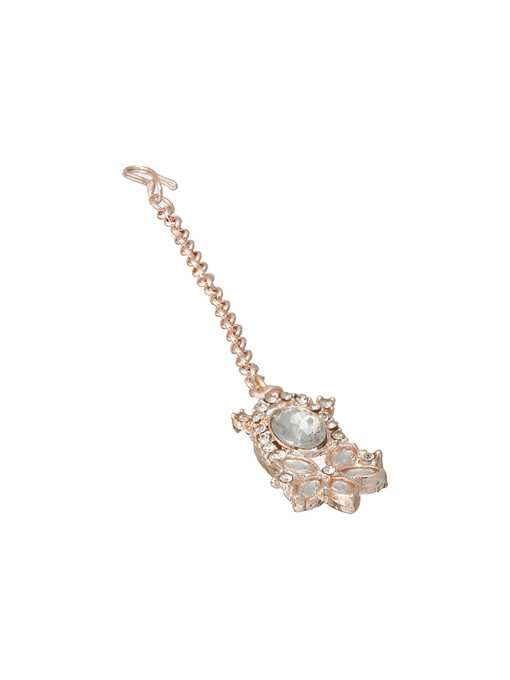 Floral Oval Polki Kundan Rose Gold-Plated Choker Jewellery Set with Maangtikka