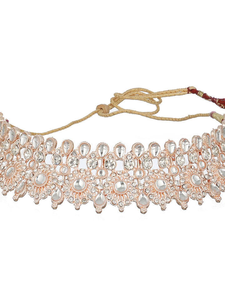 Flower Studded Rose Gold-Plated Choker Jewellery Set with MaangTikka