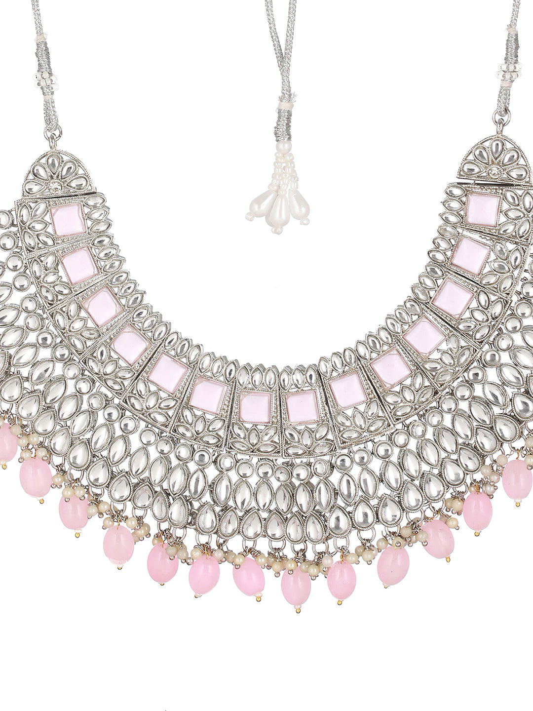 Priyaasi Pink Studded Block Leaf Silver-Plated Jewellery Set with Maangtikka