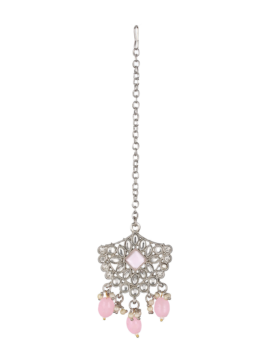 Priyaasi Pink Studded Block Leaf Silver-Plated Jewellery Set with Maangtikka