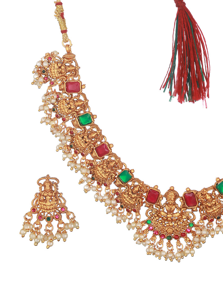 Priyaasi Goddess Laxmi Kemp Stone Studded Beaded Gold-Plated Jewellery Set