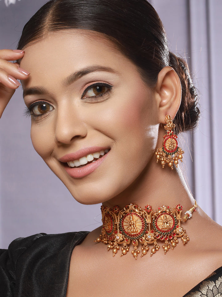Priyaasi Goddess Laxmi Floral Kemp Stone Gold-Plated Choker Jewellery Set