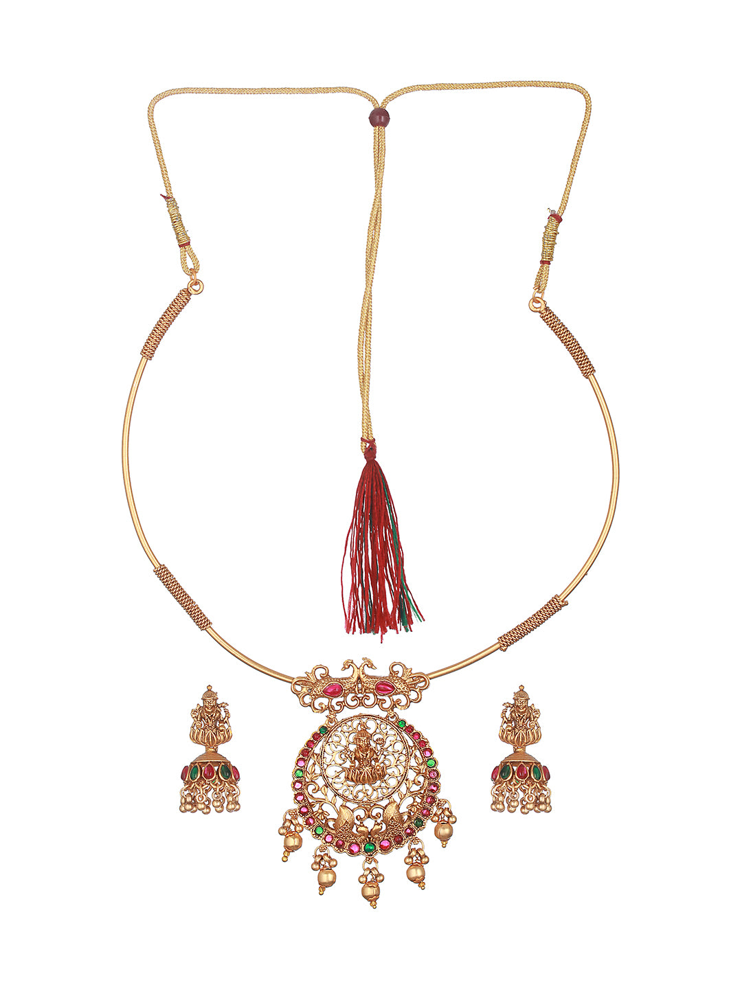 Priyaasi Goddess Laxmi Peacock Kemp Stone Gold-Plated Jewellery Set