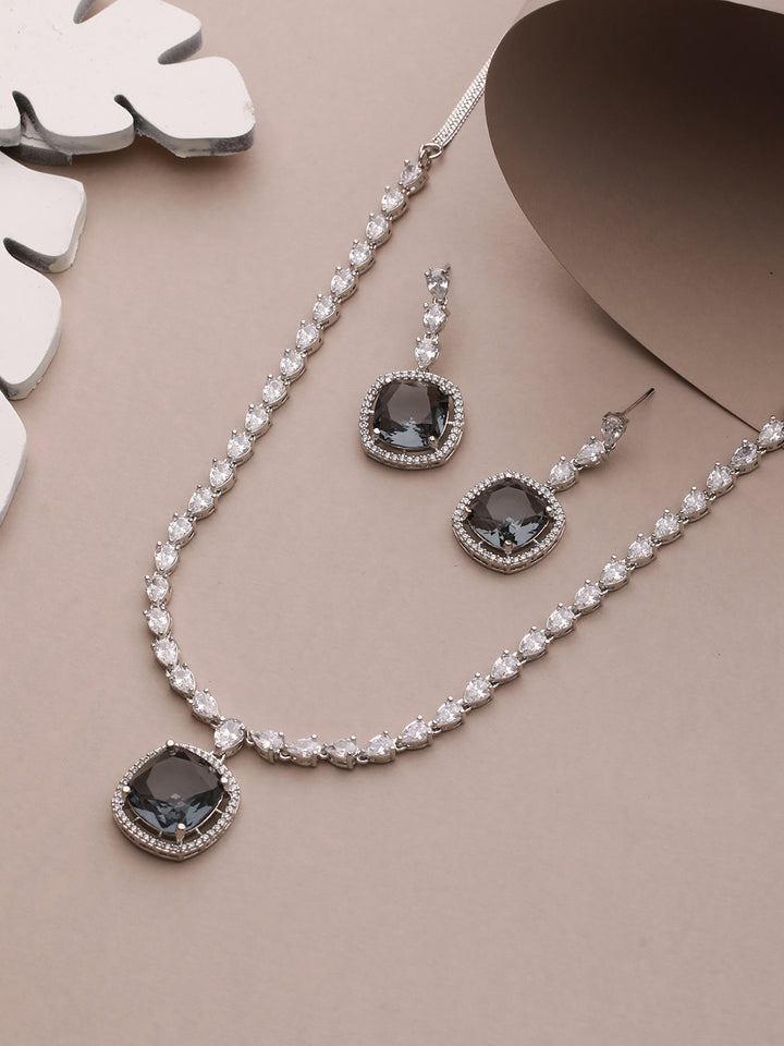 Priyaasi Black Block Drop American Diamond Silver-Plated Jewellery Set