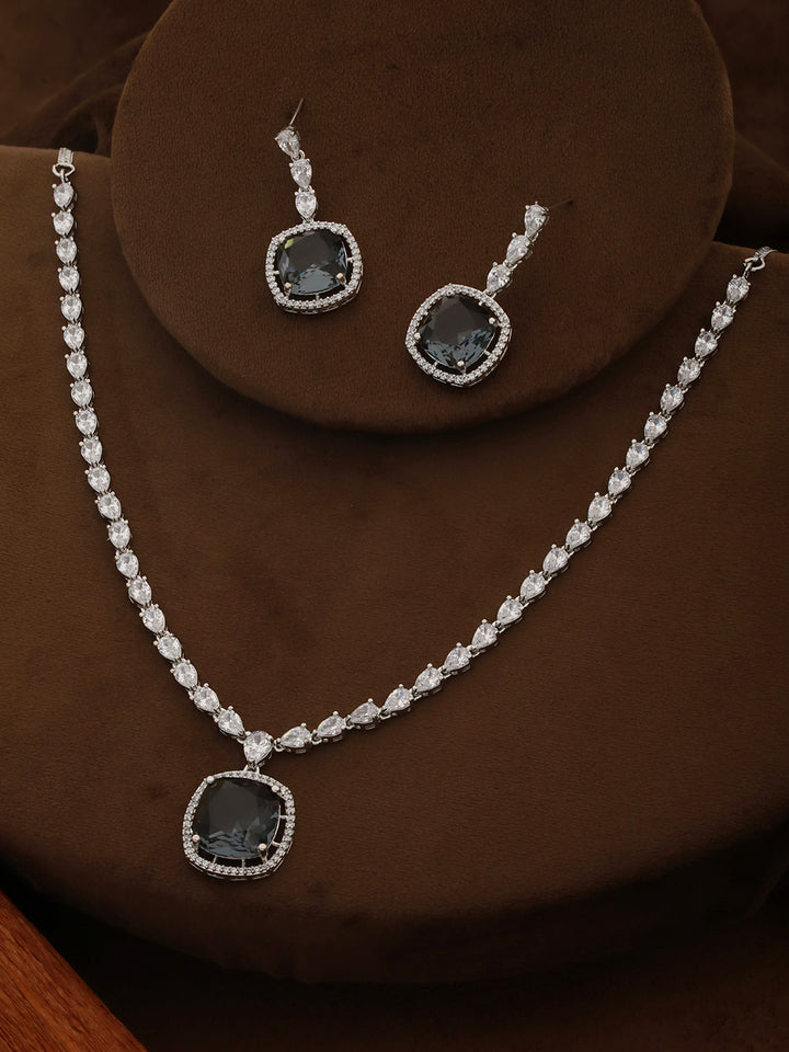 Priyaasi Black Block Drop American Diamond Silver-Plated Jewellery Set