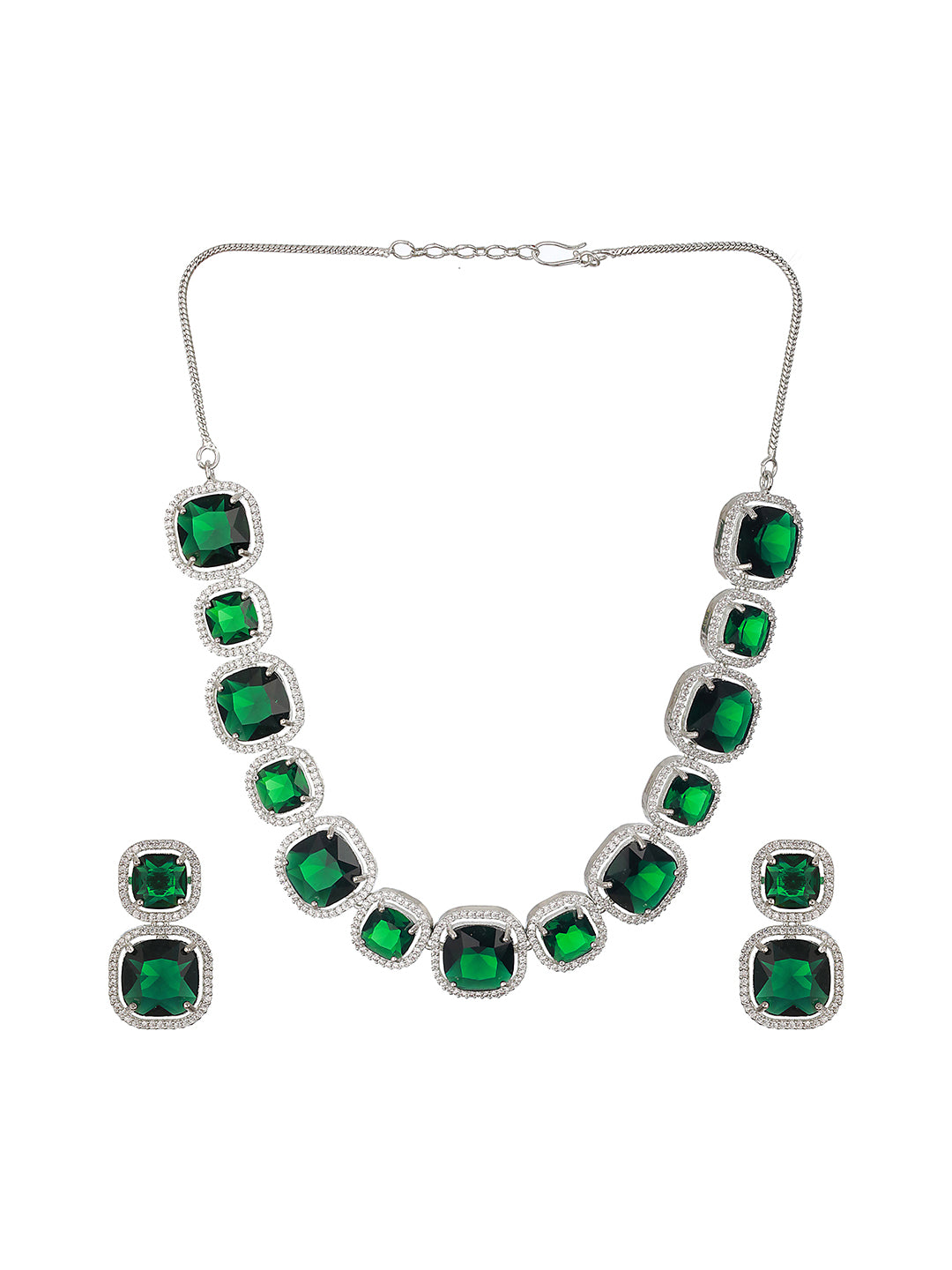 Priyaasi Green Square Link American Diamond Silver-Plated Jewellery Set