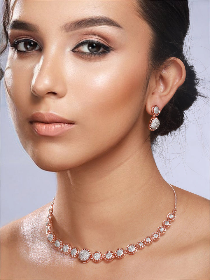 Priyaasi Studded Circles American Diamond Rose Gold-Plated Jewellery Set