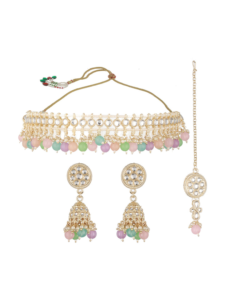 Priyaasi Multicolor Beaded Kundan Gold-Plated Jewellery Set with Maang Tikka
