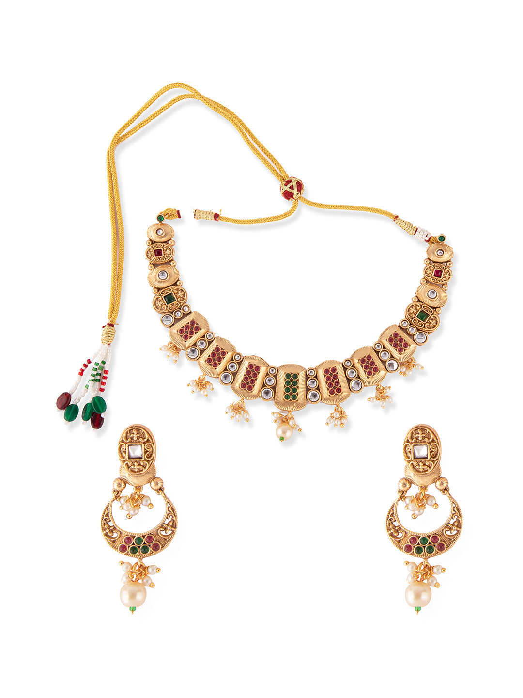 Priyaasi Gold Plated Real Kemp Temple Jewellery Set