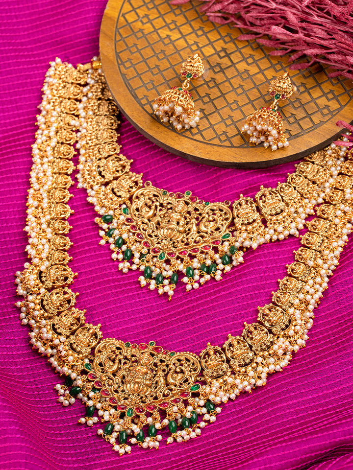 Priyaasi Gold Plated Goddess Laxmi Dual Necklace and Earrings Set