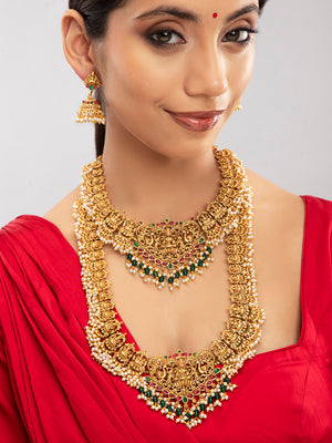 Priyaasi Gold Plated Goddess Laxmi Dual Necklace and Earrings Set