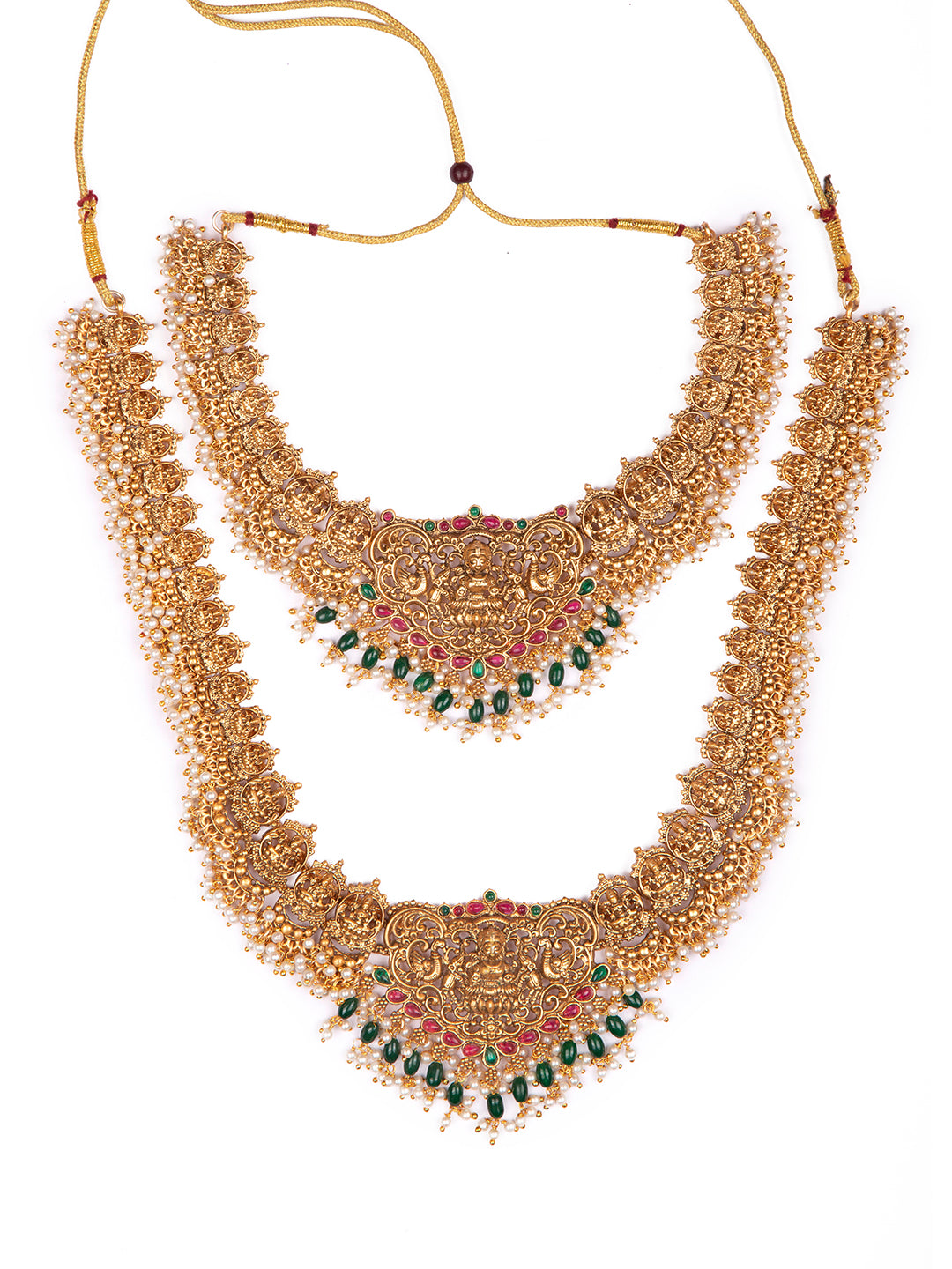 Priyaasi Gold Plated Goddess Laxmi Dual Necklace and Earrings Set