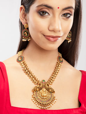 Priyaasi Gold Plated Real Kemp Stones Goddess Laxmi Temple Jewellery Set