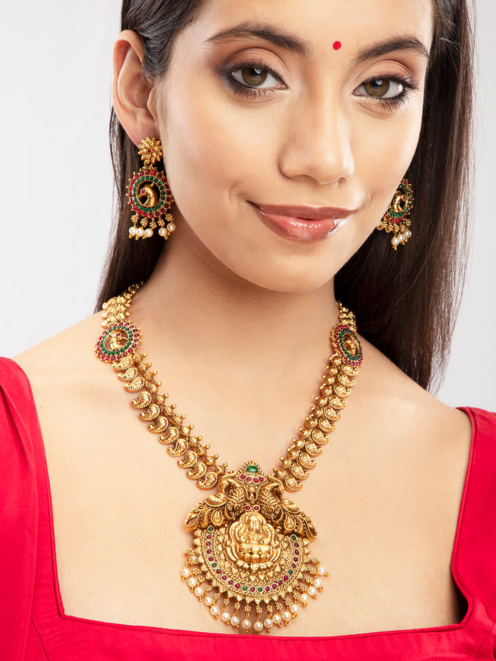 Priyaasi Gold Plated Real Kemp Stones Goddess Laxmi Temple Jewellery Set