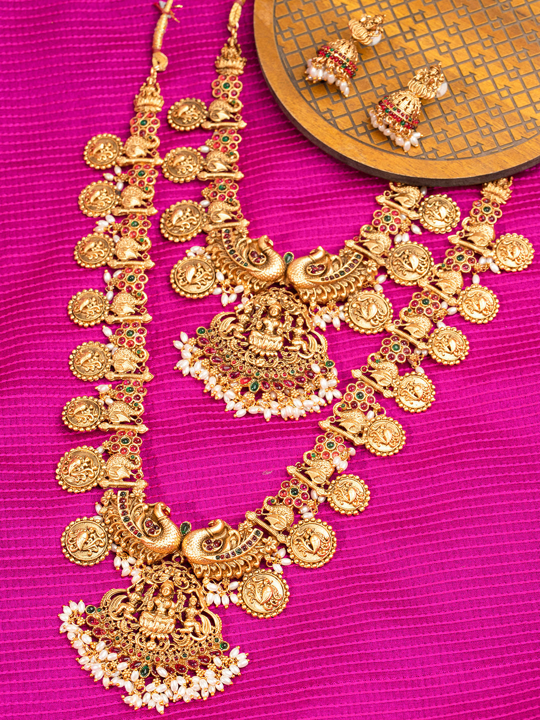 Priyaasi Gold Plated Goddess Laxmi Dual Necklace and Earrings Set