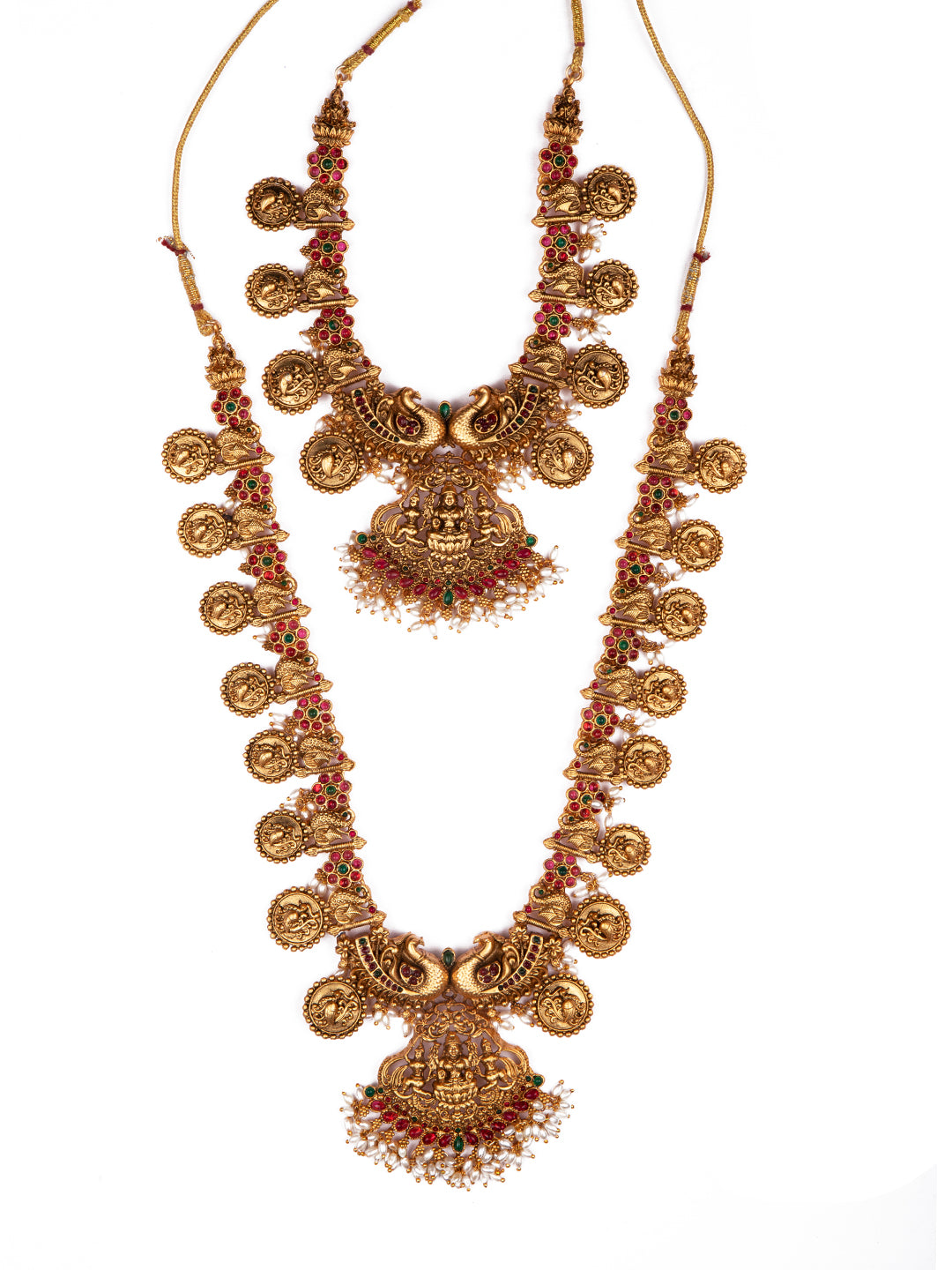 Priyaasi Gold Plated Goddess Laxmi Dual Necklace and Earrings Set
