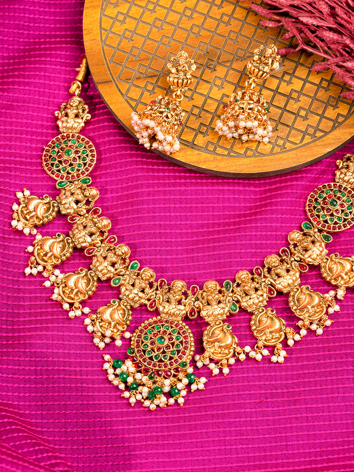 Priyaasi Goddess Laxmi Gold Plated Real Kemp Jewellery Set