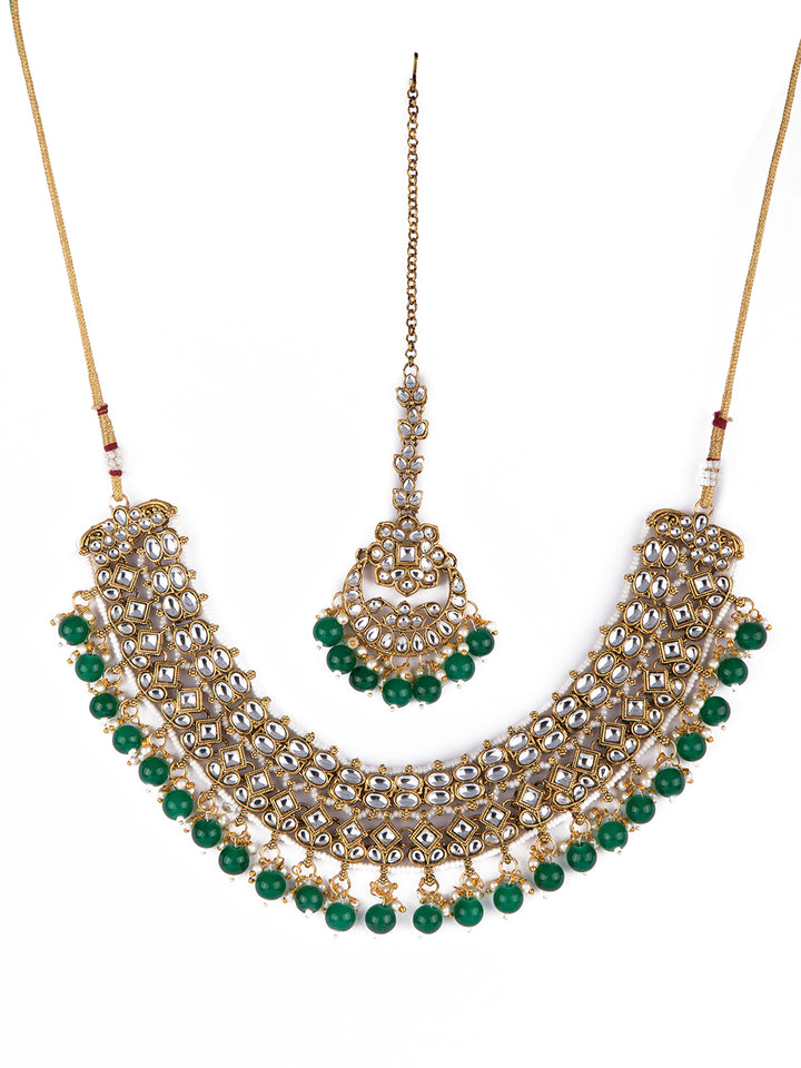 Priyaasi Gold Plated Green Beaded Kundan Jewellery Set with Maangtika