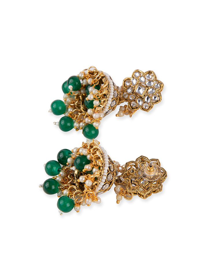 Priyaasi Gold Plated Green Beaded Kundan Jewellery Set with Maangtika
