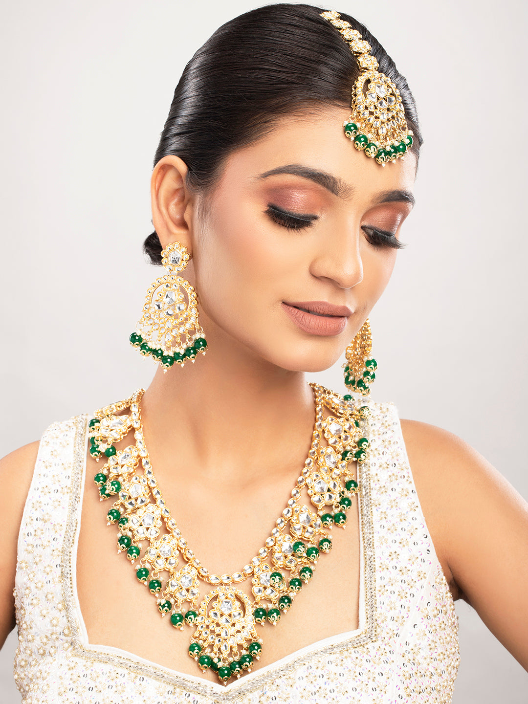 Priyaasi Green & Gold Plated Kundan Floral Jewellery Set with Maangtika