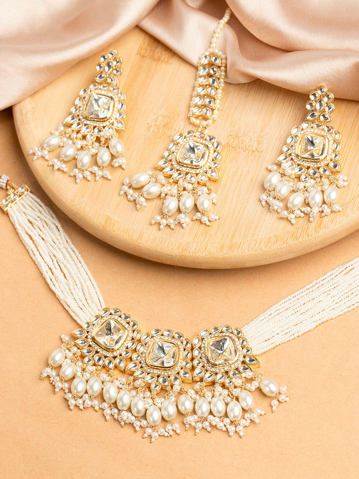 Priyaasi Gold & White Polki Jewellery Set with Maangtika