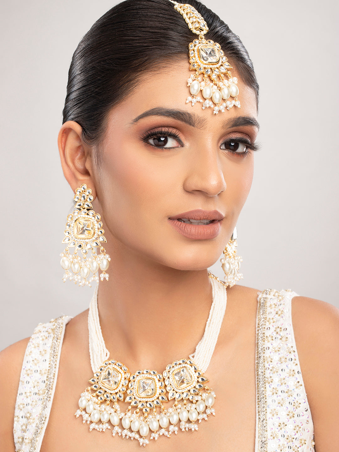 Priyaasi Gold & White Polki Jewellery Set with Maangtika