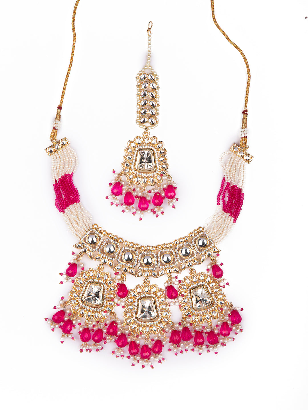 Priyaasi Gold Plated Pink Baeded Polki Jewellery Set with Maangtika